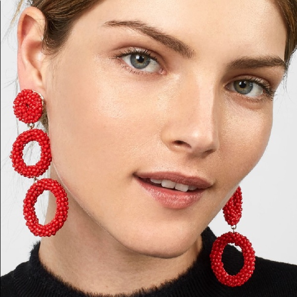 RED CAPELLA BEADED TRIPLE HOOP DROP EARRINGS